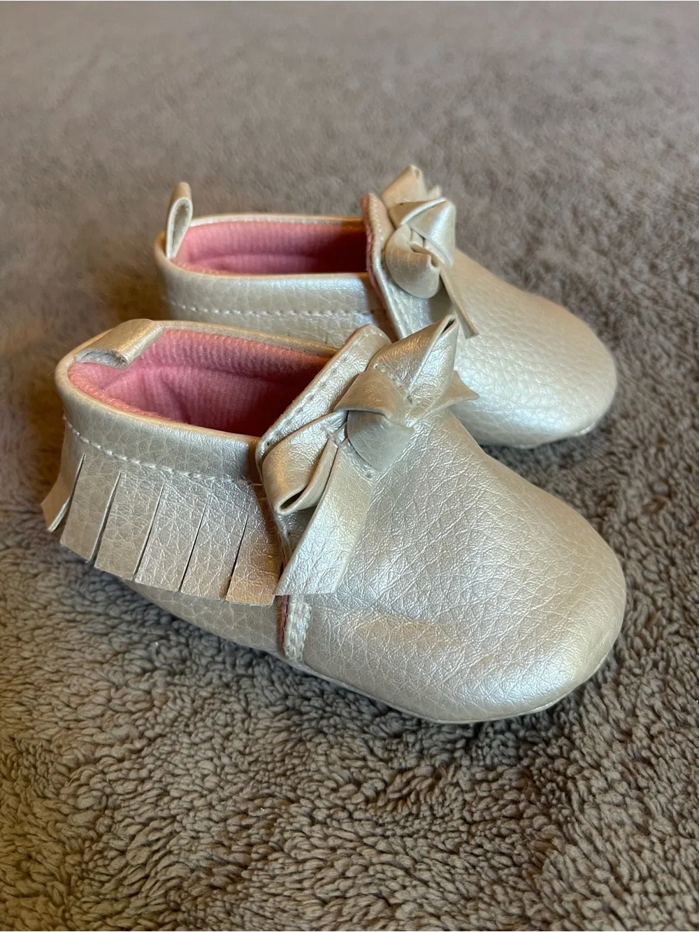 Carter's Metallic Cream Moccasins with Pink Interior and Bow Detail